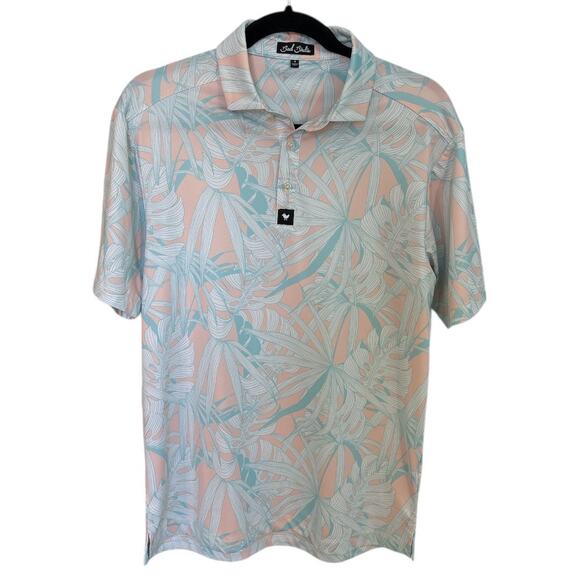 Bad Birdie Men's Day Pass Polo Shirt White Tropical Print Size Small Golf UPF 50 - Picture 2 of 7